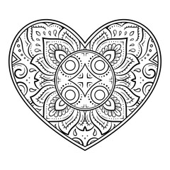 Mehndi flower pattern in form of heart for Henna drawing and tattoo. Decoration in ethnic oriental, Indian style. Valentine's day greetings. Coloring book page.