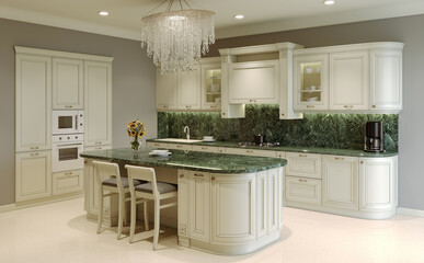 Pastel kitchen with island and chandelier. 3D rendering.