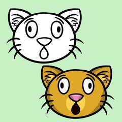 A set of color and sketch drawings. Cute cartoon orange kitten looks and wonders, cat face, vector illustration