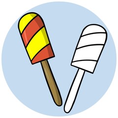 A set of color and sketch drawings. A set of delicious cold desserts, popsicle on a stick, popsicle, fruit ice. Vector