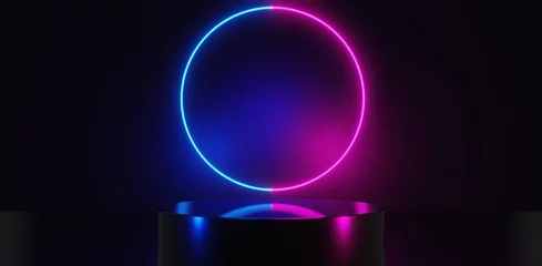 Fotobehang Gaming abstract backgound game of scifi gaming cyberpunk, vr virtual reality simulation and metaverse, scene stand pedestal stage, 3d illustration rendering, futuristic, neon glow room floor  © issaronow