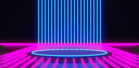 abstract backgound video game of scifi gaming cyberpunk, vr virtual reality simulation and metaverse, scene stand pedestal stage, 3d illustration rendering, futuristic neon glow room