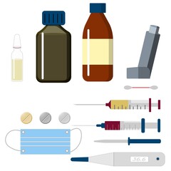 Pharmaceutical medications. Medicine, syringe and thermometer on a white background.