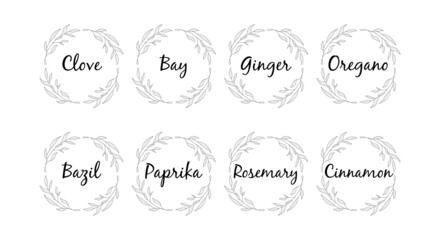 Set kitchen stickers for spices and seasonings. Labels, stickers, needlework stickers, flower frame and spice name in English