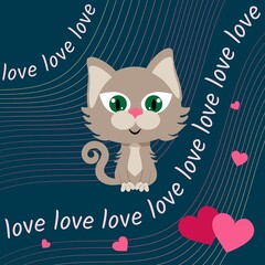 Cute kitten with green eyes and the inscription LOVE with hearts. Print with a kitten on a T-shirt.