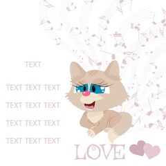 Cute kitten with hearts and musical notes. For your design.