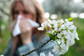 Pollen allergy and hay fever. Woman sneezing and blowing nose outdoors at springtime. Selective focus at blossoms - obrazy, fototapety, plakaty