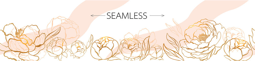 Banner with a seamless pattern with golden peony flowers.Engraving hand drawn