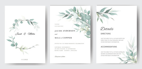 Wedding  invitation minimal greenery leaf template set watercolor art - obrazy, fototapety, plakaty