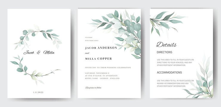 Wedding  invitation minimal greenery leaf template set watercolor art