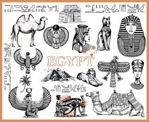 Set of hand drawn sketch style Egyptian themed objects isolated on white background. Vector illustration.