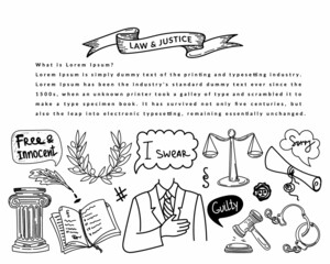 A banner with the symbols of law and justice, a hand-drawn sketch-style doodle. Justice. Court. Oath. Testimony. The scales of justice. Documents. Paragraphs of the law. Collection of cartoon elements