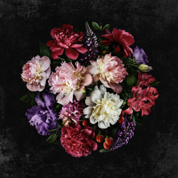 Floral collage on dark background. Digital art.