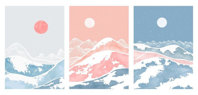 set of Mid century modern minimalist art print. Abstract mountain contemporary aesthetic backgrounds landscapes. vector illustrations