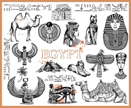 Set of hand drawn sketch style Egyptian themed objects isolated on white background. Vector illustration.