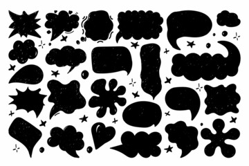 A set of speech bubbles with hand-drawn dialogue words in doodle style. Different forms of speech for comic book characters. Black silhouettes on a white background. Speech patterns.