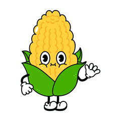 Cute funny corn waving hand character. Vector hand drawn traditional cartoon vintage, retro, kawaii character illustration icon. Isolated on white background. Corn character