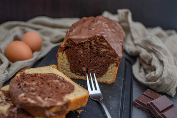 Traditional home made marble bundt cake on a table