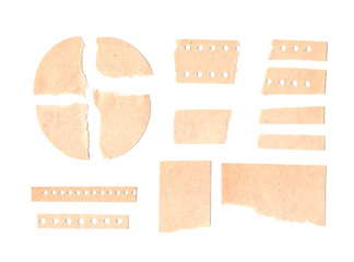 Cardboard Pieces Set Isolated. Carton Piece Mockups Collection, Ripped Kraft Paper for Templates, Brown Wrapping Fragmentary Papers with Copy Space Top View