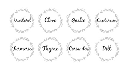 Kitchen stickers for spices and seasonings. Labels, stickers, needlework stickers, flower frame and spice name in English