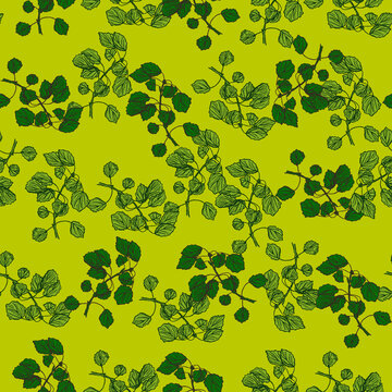 Seamless pattern engraved tree branches. Vintage background summer twigs in hand drawn style.