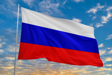 Fototapeta na wymiar Russia flag is waving in front of blue sky.
