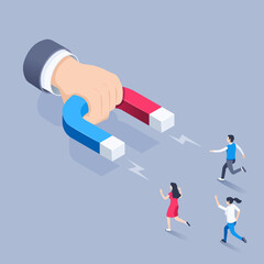 isometric vector illustration on gray background, hand with magnet and people run to it, customer acquisition and marketing, social technologies