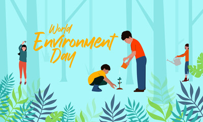 World environment day typography with kids planting a tree and celebrating environment day in the forest. 