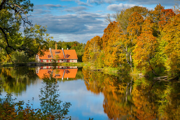 Fototapeta na wymiar Watermill reflected in the mill pond and surrounded by autumn forest. Historic watermill in Lahmuse mansion, Estonia.