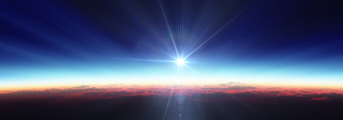 Earth sunrise from space over cloudy ocean. 3d rendering © aleksandar nakovski