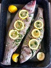 Stuffed striped bass ready to be baked