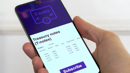 Treasury bonds market datas, Treasuries prices on smartphone. Business analysis of a trend. Invest in bonds. Buying strategic bonds notes T-notes