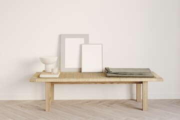 Wicker bench decorated with books, lamp and photo frames. Layout for presentation illustrations