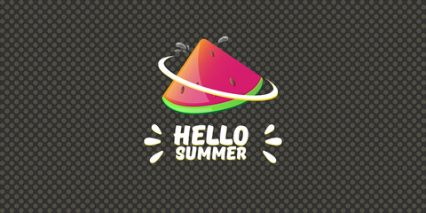 Vector Hello Summer Beach Party horizontal banner Design template with fresh watermelon slice isolated on grey background. Hello summer concept label or poster with fruit and typographic text.
