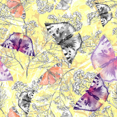 seamless watercolor background with butterflies.Floral pattern with a branch of permafrost, tansy, wild grass, immortelle. Watercolor paint splash . Multicolored butterfly urticaria, Aglais urticae.