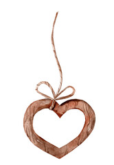 Watercolor illustration of a wooden heart with pendants for a child's room. Heart on white background