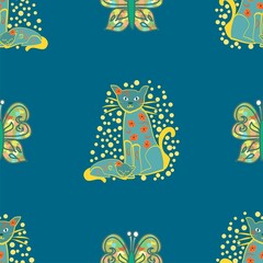 Blue and gold cats decorative vector seamless repeat pattern