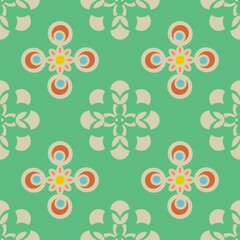 Retro inspired geometric shapes vector repeat pattern in green, beige and orange