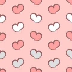 Pink and white vector seamless repeat pattern with hearts hand drawn in a cute cartoon style