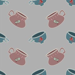 Pink and blue teacups vector seamless repeat pattern on grey
