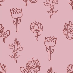 Floral vector seamless flower outlines repeat pattern in dusky pale pink and deep red