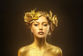 Portrait Beauty fantasy woman queen, face in gold paint. Golden shiny glowing skin. Fashion model girl, image goddess. Glamorous crown, wreath roses jewellery accessories. Professional metallic makeup