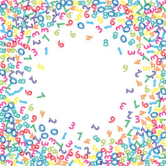 Falling colorful sketch numbers. Math study concept with flying digits. Comely back to school mathematics banner on white background. Falling numbers vector illustration.