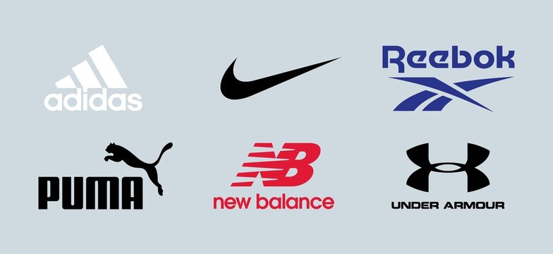 Lombok, Indonesia - Mei 7, 2022: Set Of Most Popular Sportswear Brands Logo. Adidas, Nike, Reebok, Puma, New Balance, Under Armour.