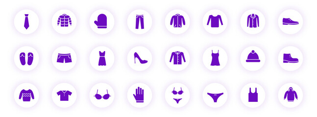 clothes purple color silhouette icons on light round buttons with purple shadow. clothes vector icon set for web, mobile apps, ui design and print
