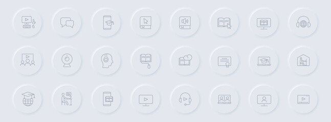 e learning line gray icons on round rubber buttons. e learning icon set for web, mobile apps, ui design and promo business polygraphy