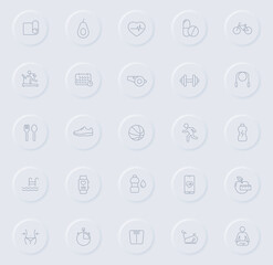 fitness line gray icons on round rubber buttons. fitness icon set for web, mobile apps, ui design and promo business polygraphy