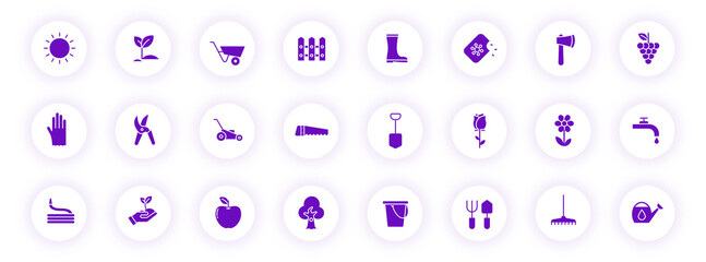 garden purple color silhouette icons on light round buttons with purple shadow. garden vector icon set for web, mobile apps, ui design and print