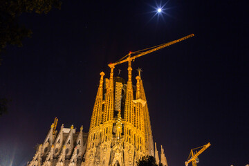 Exterior night view from La Sagrada Familia Basilica in Barcelona, Spain