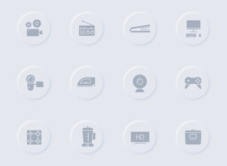 household gray glyph icons on round rubber buttons. household vector icons for web, mobile apps, ui design and promo business polygraphy